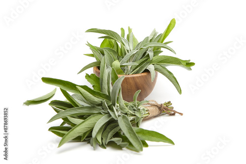 Fresh sage leaves in a wooden bowl with a bundle of sage tied with twine, isolated on white background. Ideal for culinary, herbal, and natural-themed projects photo