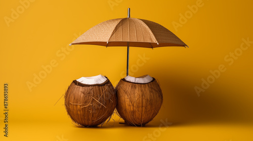 Wallpaper Mural Two yellow background coconuts reference to summer with beach umbrella Torontodigital.ca