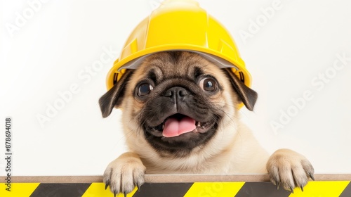 A pug wearing a yellow hard hat is smiling and looking at the camera. Concept of playfulness and humor, as the dog is dressed up in a construction worker's outfit photo