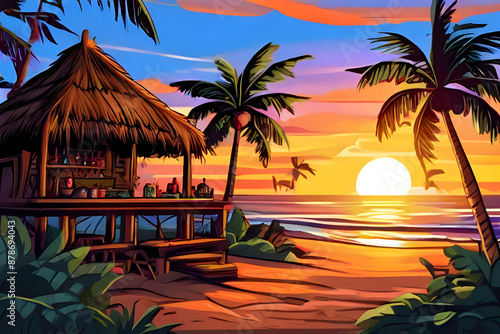 A thatched tiki bar and wooden hut adorned with tribal masks stand tall against the setting sun. The golden hour casts a magical glow over the sandy beach, inviting relaxation and escape.