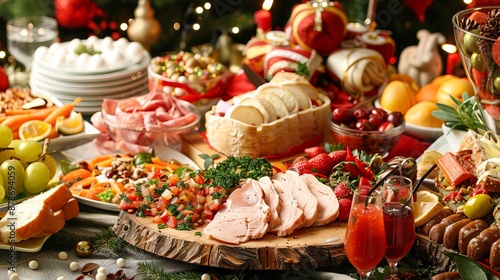 Festive dining table setup with various delicious holiday food items and drinks for Christmas celebration concept