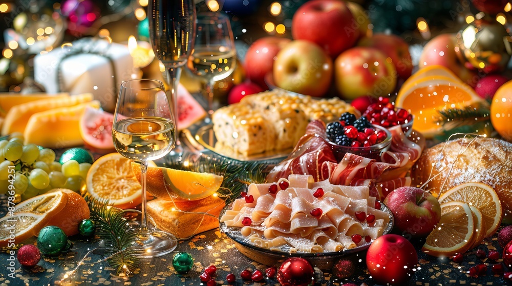 Festive holiday table with assorted fruits wine festive delicacies lights and decor a rich and colorful festive atmosphere for a joyful celebration holiday concept Festive holiday table with assorted fruits wine festive delicacies lights and decor a rich and colorful festive atmosphere for a joyful celebration holiday concept