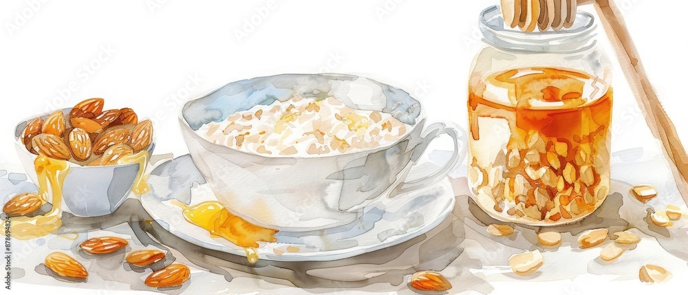 Minimal watercolor of a cozy breakfast with oatmeal, honey, and almonds in vintage styles, clipart watercolor easy detail on white background Minimal watercolor of a cozy breakfast with oatmeal, honey, and almonds in vintage styles, clipart watercolor easy detail on white background