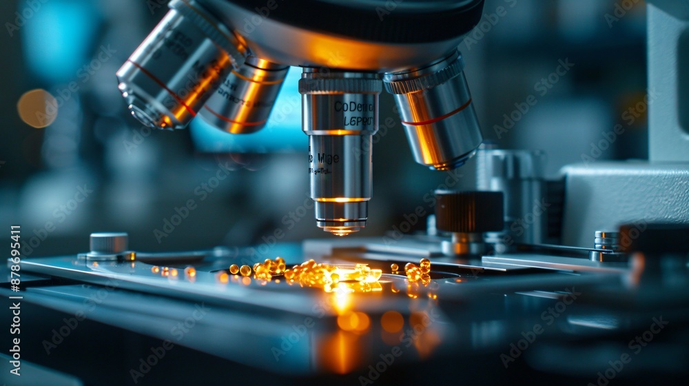 Close-Up of Microscope Analyzing Glowing Samples in a Laboratory Close-Up of Microscope Analyzing Glowing Samples in a Laboratory