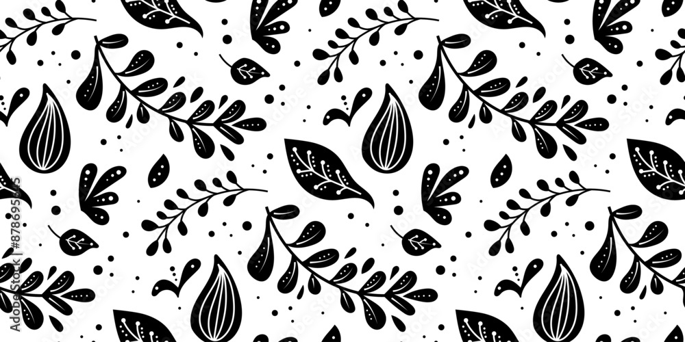 Seamless neo folk art vector pattern with flowers, black and white floral design. Neo folk style endless background perfect for textile design. Seamless neo folk art vector pattern with flowers, black and white floral design. Neo folk style endless background perfect for textile design.