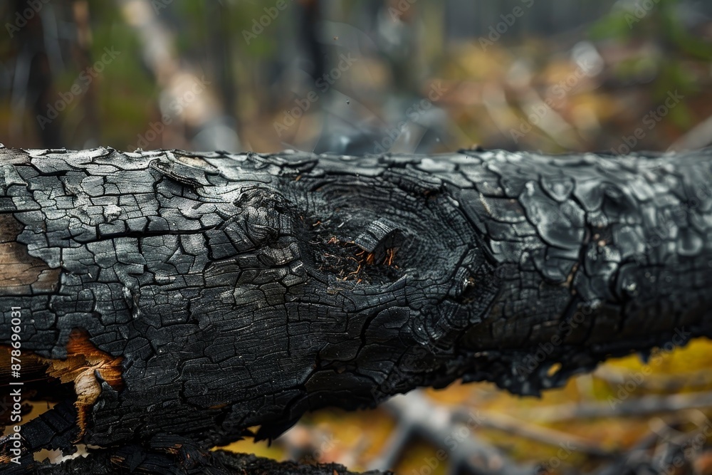 Charred remains of a burnt tree trunk with glossy sheen in a woodland setting, Charred remains of a burnt log with a glossy sheen Charred remains of a burnt tree trunk with glossy sheen in a woodland setting, Charred remains of a burnt log with a glossy sheen