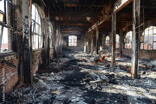 A burned building with many windows and scattered debris in its surroundings, Charred remnants of a once vibrant building