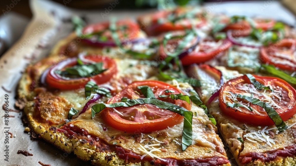A freshly baked cauliflower crust pizza topped with tomato, basil, and onion slices A freshly baked cauliflower crust pizza topped with tomato, basil, and onion slices