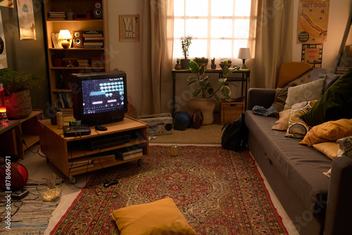 Bilde på lerret Retro 8bit gaming setup in cozy living room with vintage TV, shelves with stuff,
