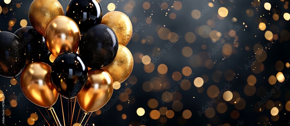 Festive photo of gold and black balloons on a dark background, highlighted by bokeh lights. Festive photo of gold and black balloons on a dark background, highlighted by bokeh lights.