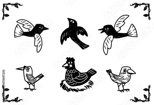 Various birds in woodcut style.