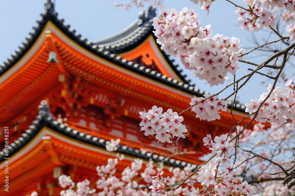 A pagoda stands tall with cherry blossoms in full bloom in front of it, Cherry blossoms blooming in celebration A pagoda stands tall with cherry blossoms in full bloom in front of it, Cherry blossoms blooming in celebration