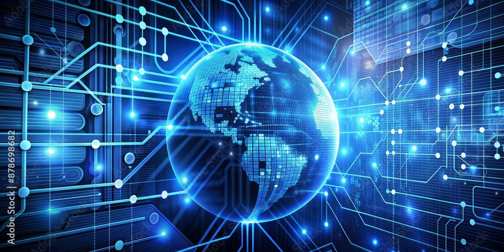 Global Network and Digital Connectivity - An abstract image representing global connectivity with a 3D earth surrounded by digital network and circuit lines symbolizing data transfer and communication Global Network and Digital Connectivity - An abstract image representing global connectivity with a 3D earth surrounded by digital network and circuit lines symbolizing data transfer and communication