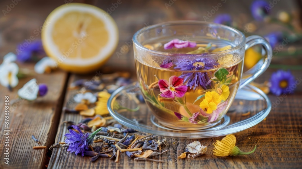 Glass cup of organic butterfly tea, dried flowers and lemon on wooden background, closeup Glass cup of organic butterfly tea, dried flowers and lemon on wooden background, closeup