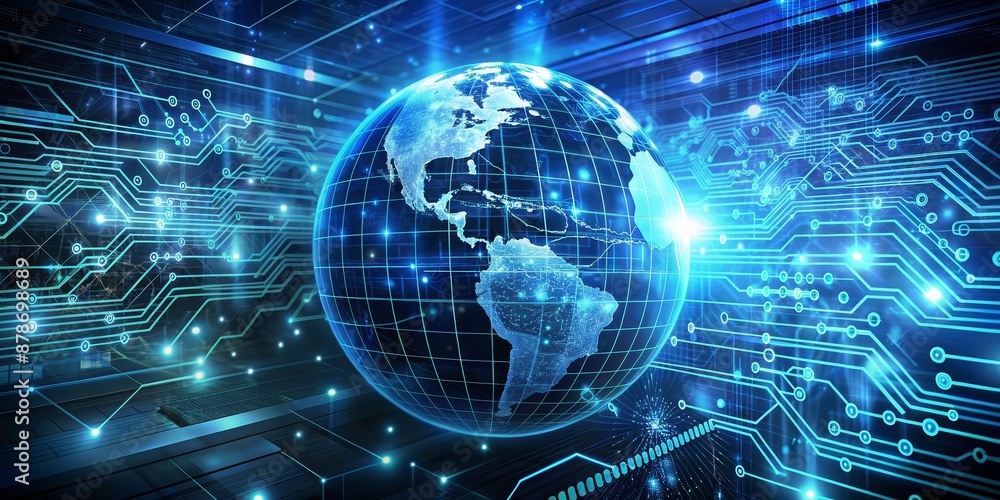 Fototapeta premium Global Network Connectivity - Digital World - A 3D rendering of a digital globe with circuit board design around it to demonstrate the connectivity of the world.