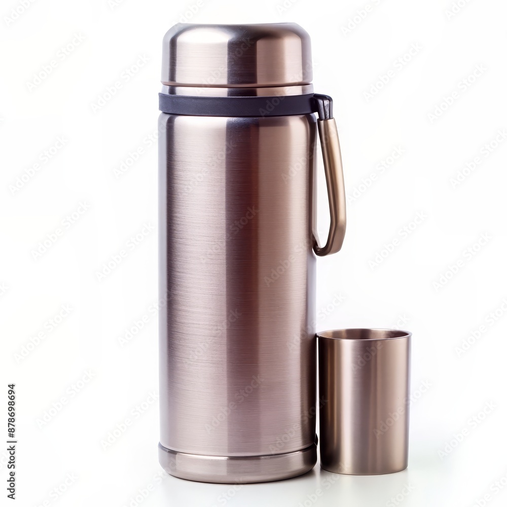 Stainless Steel Thermos with Cup - A stainless steel thermos with a matching cup, both isolated on a white background. Stainless Steel Thermos with Cup - A stainless steel thermos with a matching cup, both isolated on a white background.