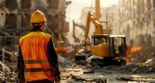A construction worker in a safety vest and hard hat overlooks a demolition site with heavy machinery and rubble all around. high quality