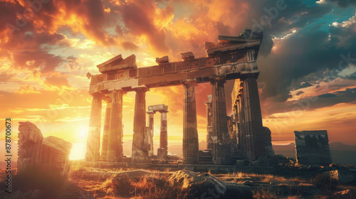 Scenic view of Ancient temple ruins at sunset, remains of old Greek building on dramatic sky background. Concept of antique, Greece, landscape, travel