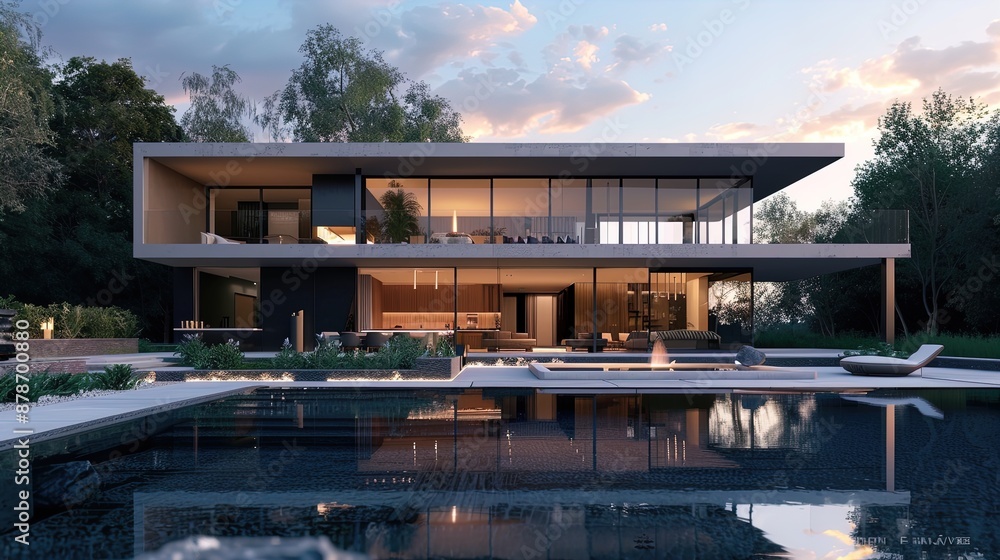 Modern luxury house with glass walls and outdoor pool surrounded by greenery. Architectural photography with bright blue sky. Contemporary living and outdoor relaxation concept for design and print. Modern luxury house with glass walls and outdoor pool surrounded by greenery. Architectural photography with bright blue sky. Contemporary living and outdoor relaxation concept for design and print.