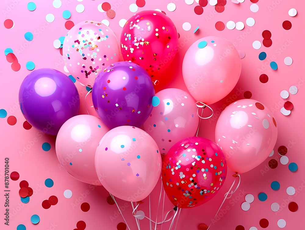 Festive pink background with balloons and confetti for celebration or party, top view. Space for text. Festive pink background with balloons and confetti for celebration or party, top view. Space for text.
