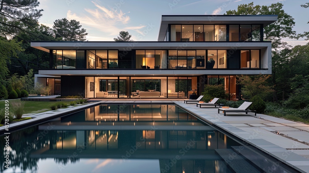Obraz premium Modern luxury house with glass walls and outdoor pool surrounded by greenery. Architectural photography with bright blue sky. Contemporary living and outdoor relaxation concept for design and print.