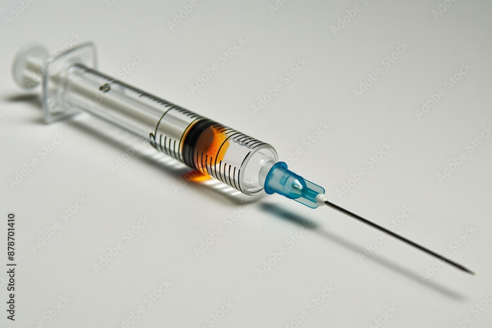 Close-Up of a Medical Syringe with Amber Liquid Close-Up of a Medical Syringe with Amber Liquid