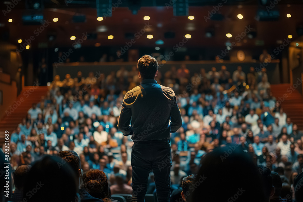 Audience gathering at a conference with a speaker on stage, emphasizing the importance of public speaking and knowledge. Audience gathering at a conference with a speaker on stage, emphasizing the importance of public speaking and knowledge.