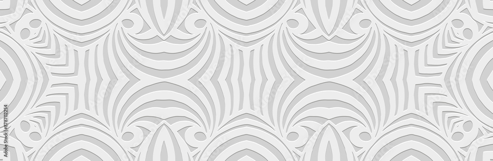 Obraz premium Banner, original cover design. Relief geometric ethnic fractal 3D pattern on a white background, embossing. Ornaments, arabesques, handmade. Tribal motifs of the East, Asia, India, Mexico, Aztec, Peru