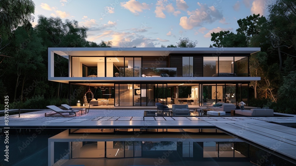 Obraz premium Modern luxury house with glass walls and outdoor pool at twilight surrounded by trees. Architectural photography with evening sky. Contemporary living and outdoor relaxation concept for design