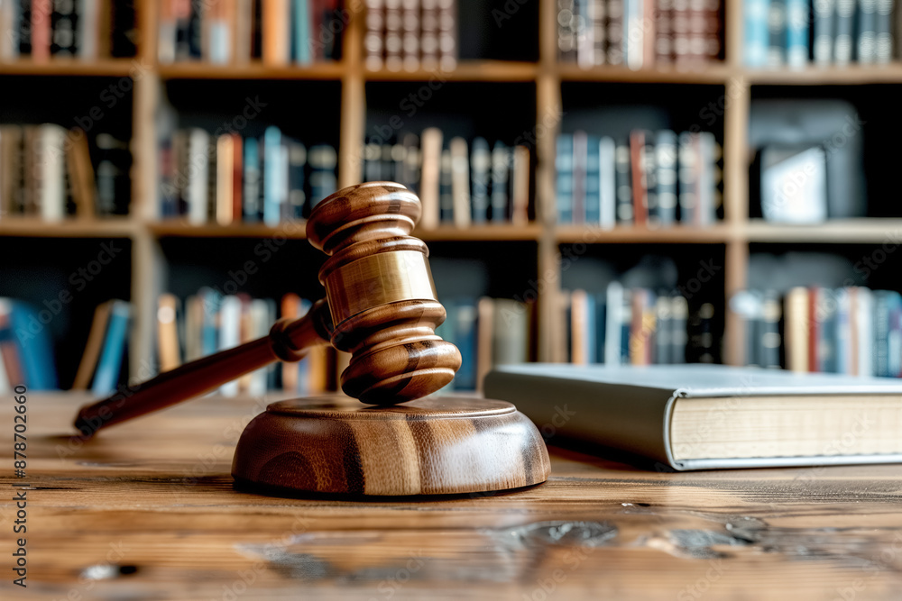 Close-up of a judge's gavel on a table in front of a bookshelf filled with law books, representing legal authority and justice. high quality Close-up of a judge's gavel on a table in front of a bookshelf filled with law books, representing legal authority and justice. high quality