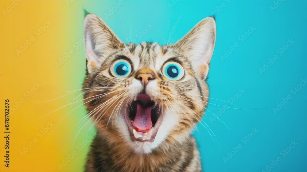 Close-up of a surprised cat with wide eyes and open mouth against a vibrant colorful background, capturing a moment of feline shock Close-up of a surprised cat with wide eyes and open mouth against a vibrant colorful background, capturing a moment of feline shock