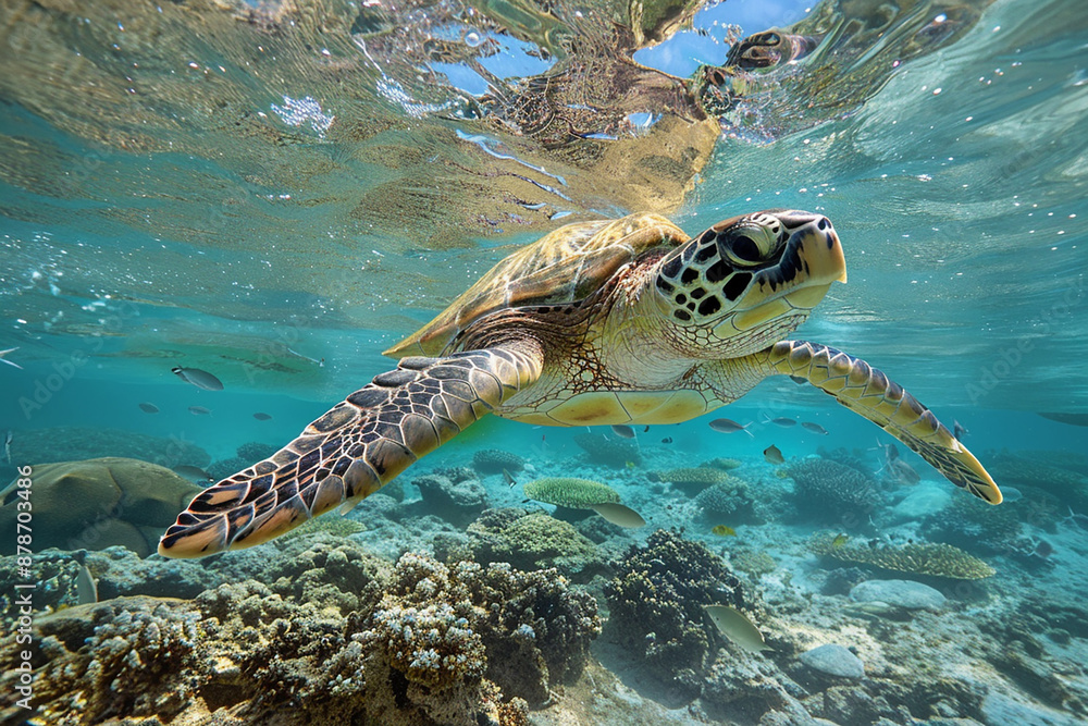 Obraz premium A sea turtle swimming gracefully underwater in clear blue waters, surrounded by coral reefs and fish, capturing the beauty of marine life.
