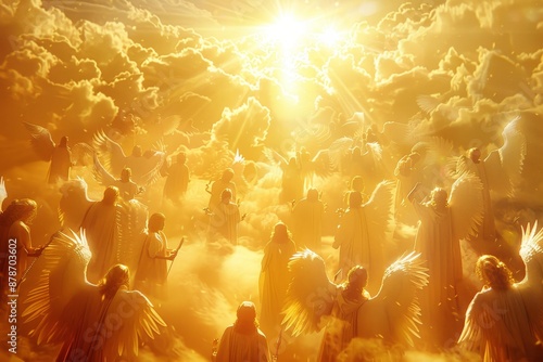 A choir of angels singing carols in a heavenly setting among a large gathering of people standing in the clouds, Choir of angels singing carols in a heavenly setting