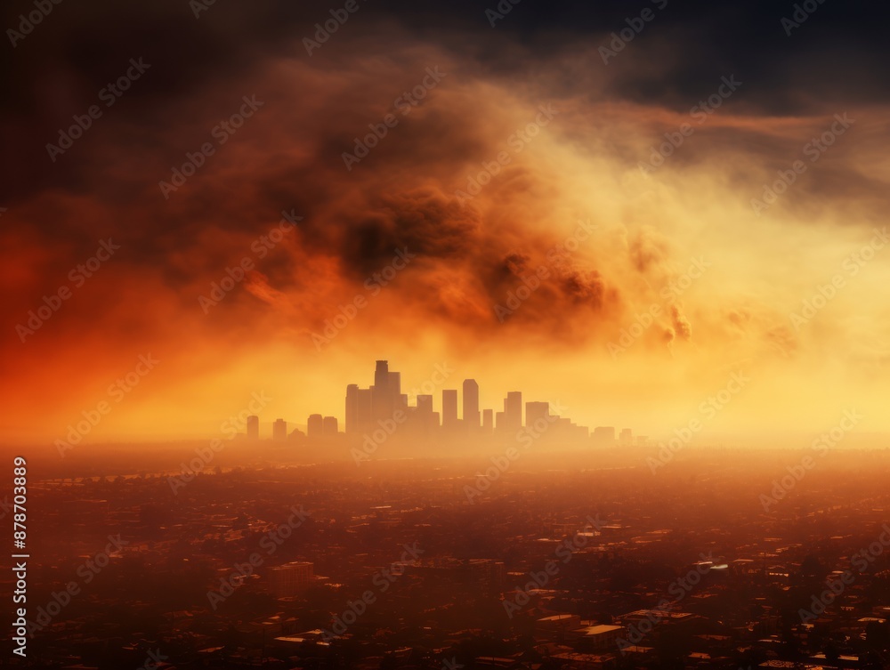Fototapeta premium Charred Horizons Aerial View of Smoke Over Cityscape.jpeg
