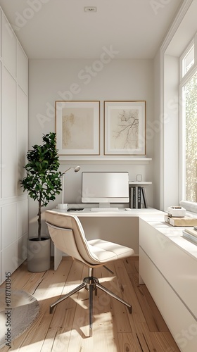 Minimalist Home Office with White Desk and Chair in Serene Setting