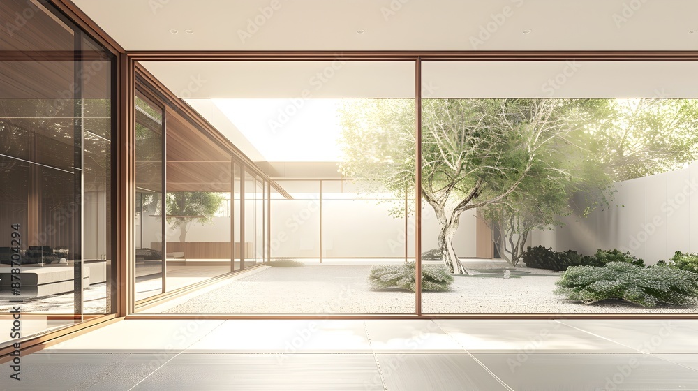 Minimalist Home with Spacious Open Courtyard and Natural Lighting,Sleek 3D Interior Rendering Minimalist Home with Spacious Open Courtyard and Natural Lighting,Sleek 3D Interior Rendering