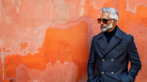 Man in a blue coat with a grey beard, standing against a peach-colored wall photo