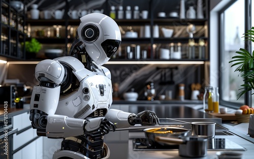 AI robot chef prepares a meal in a modern kitchen representing culinary technology and advancements in automated cooking