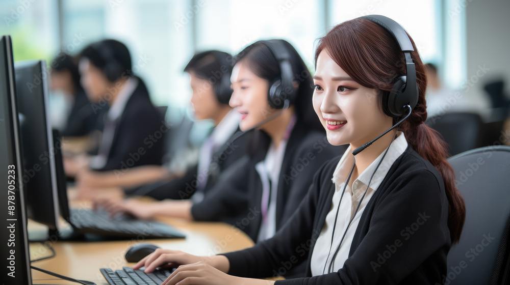 generated illustration happy and smile worker in a call center with headphones with microphone. generated illustration happy and smile worker in a call center with headphones with microphone.