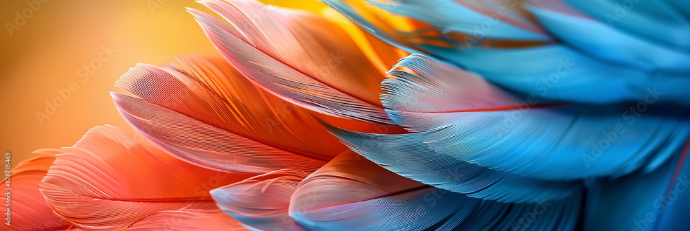 wide macro closeup background image of beautiful smooth finished natural bird feather texture with colorful and vibrant colour tones wide macro closeup background image of beautiful smooth finished natural bird feather texture with colorful and vibrant colour tones