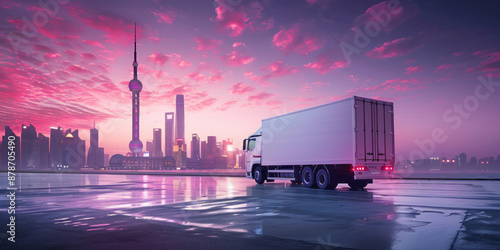 the logistrics truck needs to be amaranth pink, an open large white logistics truck,generative ai photo