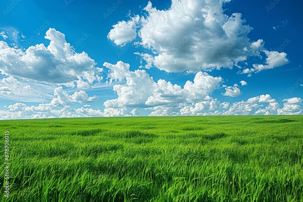 Obraz premium A large expanse of green grass stretches under a clear blue sky, Clear blue skies and fluffy white clouds above a lush green field