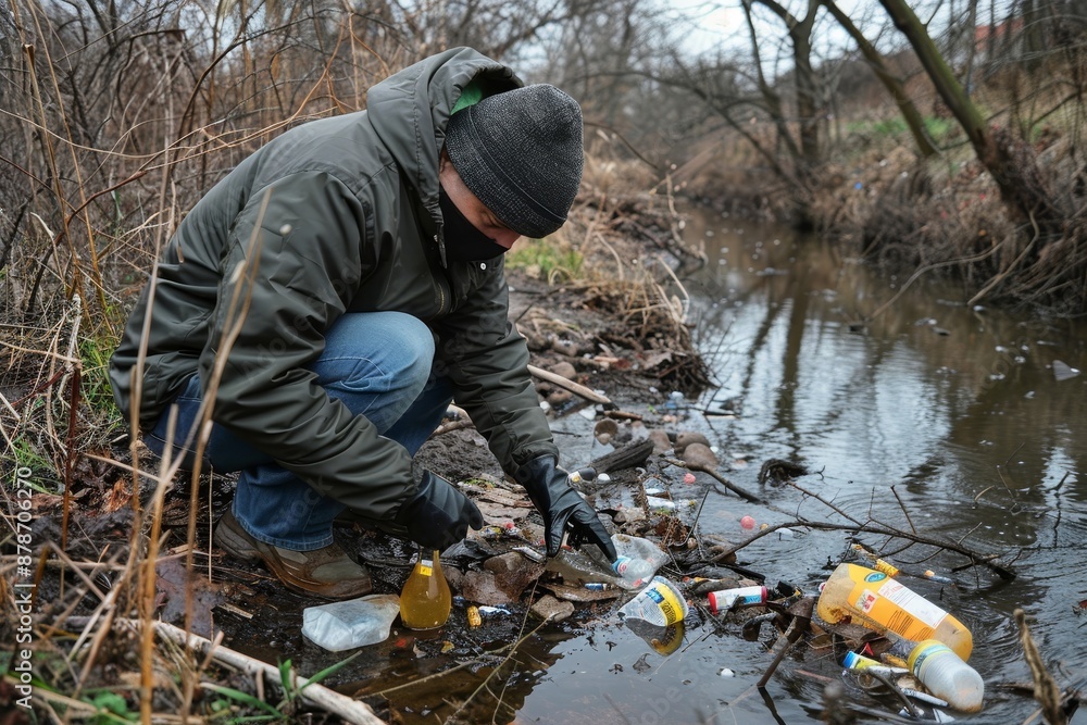 A man bends down to collect plastic bottles from the ground, clearing litter and pollution, Clearing a stream of litter and pollution A man bends down to collect plastic bottles from the ground, clearing litter and pollution, Clearing a stream of litter and pollution