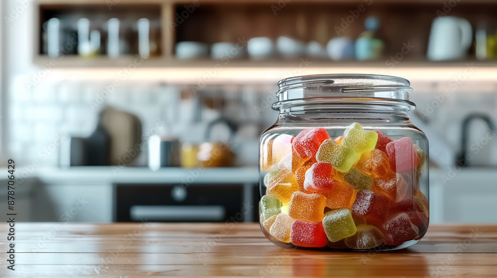 Glass jar filled with colorful jelly candies sits on a wooden table in a modern kitchen with a blurred background. high quality Glass jar filled with colorful jelly candies sits on a wooden table in a modern kitchen with a blurred background. high quality