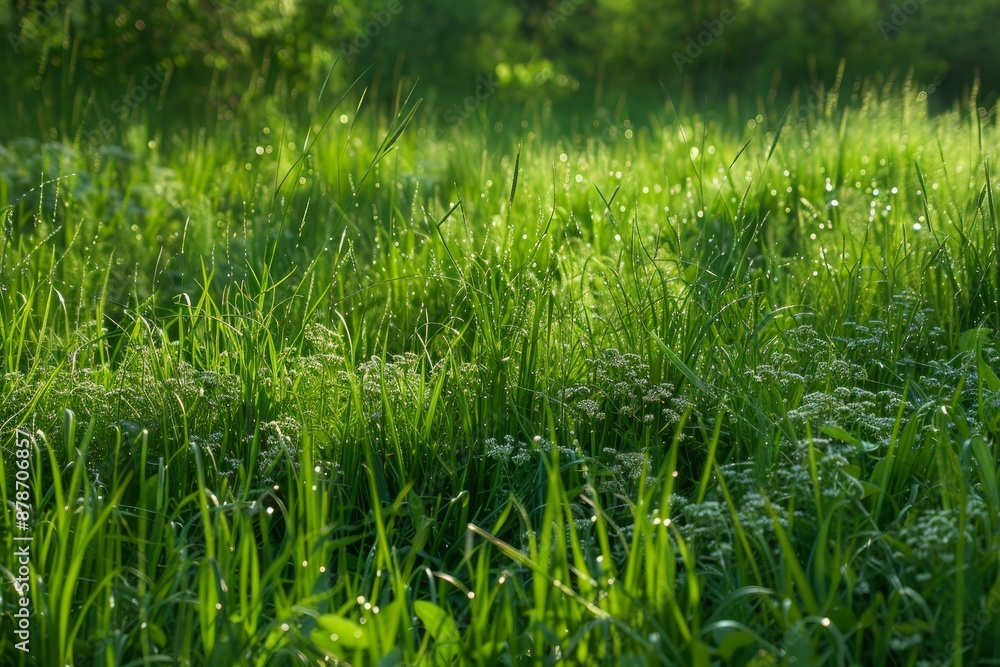 Grassy field with water droplets on blades of grass, creating a dewy texture, Clusters of grass blades forming a lush meadow Grassy field with water droplets on blades of grass, creating a dewy texture, Clusters of grass blades forming a lush meadow
