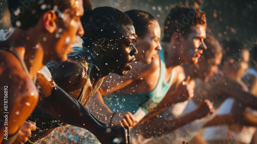 Photograph of mid-body to upper-body of runners of different ethnicities reaching the final stretch,generative ai photo