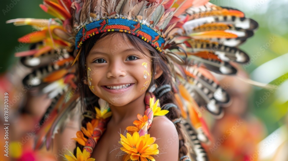 Fototapeta premium Young girl wearing a feather headdress and smiling, indigenous children