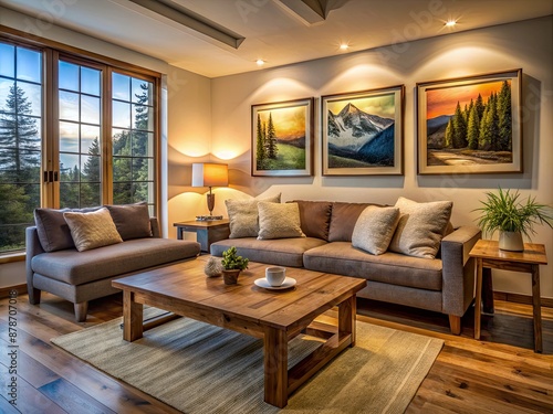 Cozy living room features three framed pictures on a wall, illuminated by soft, realistic daylight at a 45-degree angle, with three rustic wood tables in view.