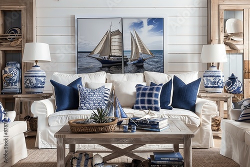 A living room filled with furniture and a painting on the wall, decorated in a coastal theme with nautical elements, Coastal living room with nautical decorations and a breezy feel photo