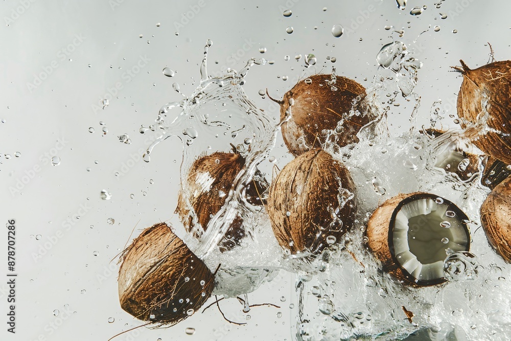 A bunch of coconuts floating in the water, coconuts floating in the air Surrounded by lively coconut water The white background